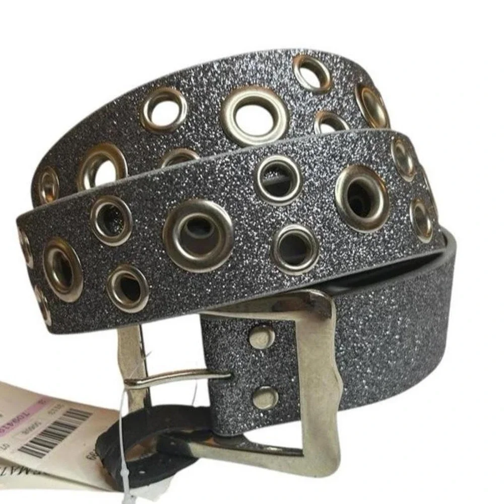 Y2K Silver Glitter Grommet Belt Scene Queen Glam Rock Wide Hip 90s Deadstock 44